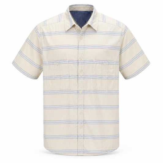 Front view of Next men’s yellow striped cotton button-up, size L, collared