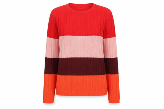 Front view of Primark women’s multicoloured crew neck striped polyester jumper, size M