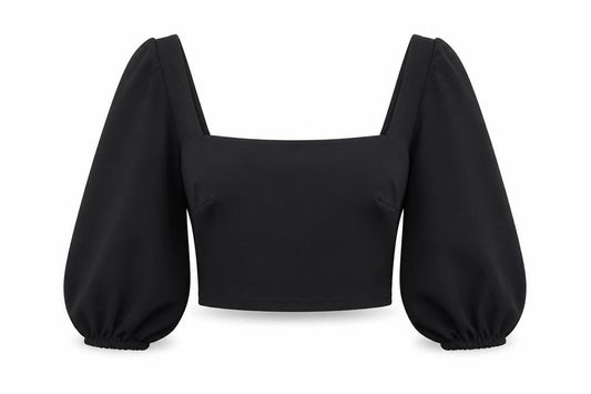 Front view of PRETTYLITTLETHING women’s black polyester cropped t-shirt, size UK 6, square neck