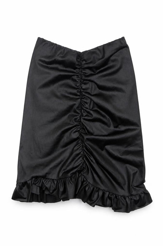 Front view of PRETTYLITTLETHING women’s black polyester a-line skirt, size UK 4