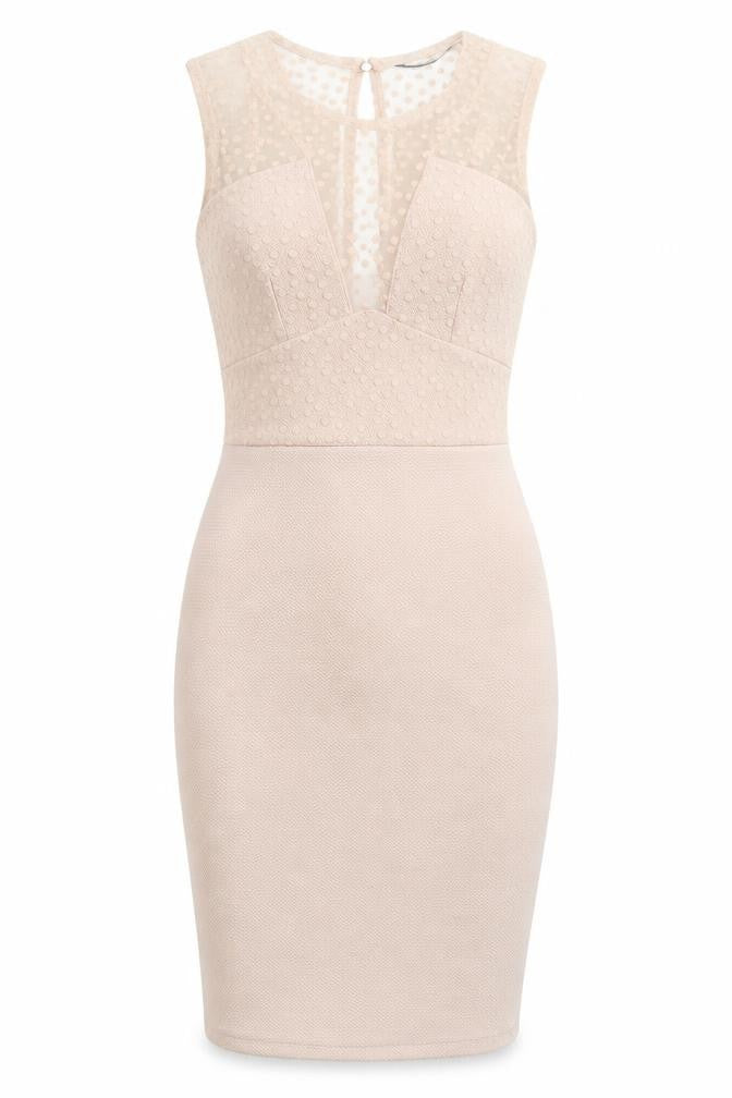 Front view of TFNC women’s beige polka dot polyester bodycon, size M, crew neck button
