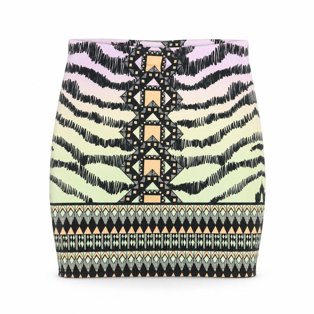 Front view of River Island women’s multicoloured geometric polyester a-line skirt, size UK 8