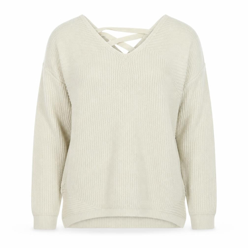 Front view of Next women’s beige v-neck acrylic jumper, size UK 8