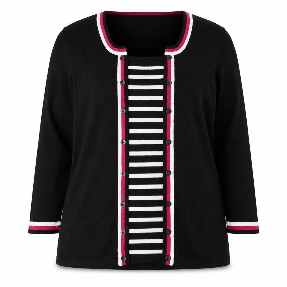 Front view of M&Co women’s black round neck striped viscose jumper, size UK 16