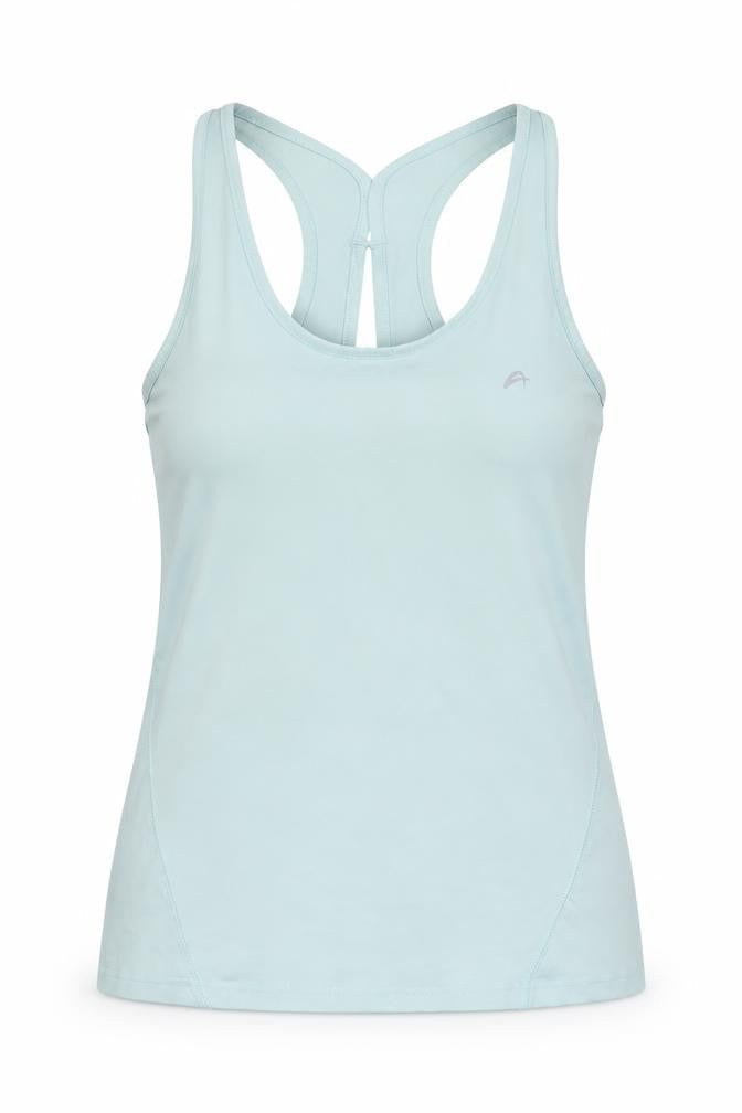 Front view of F&F women’s blue polyester pullover tank, size UK 14, scoop neck pullover