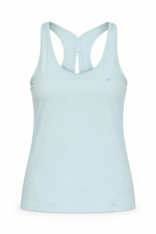 Front view of F&F women’s blue polyester pullover tank, size UK 14, scoop neck pullover