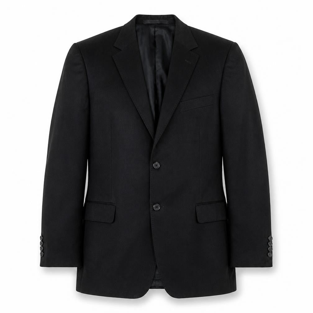 Front view of Marks & Spencer men’s black polyester jacket suit, size 40