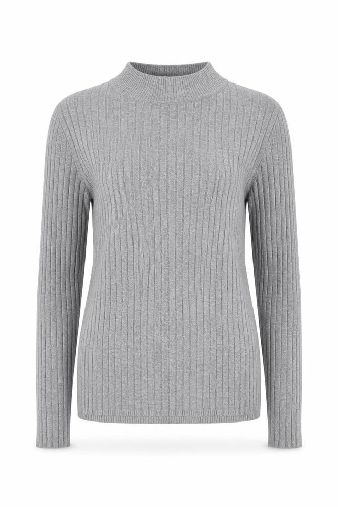 Front view of Primark women’s grey mock neck viscose jumper, size UK 12