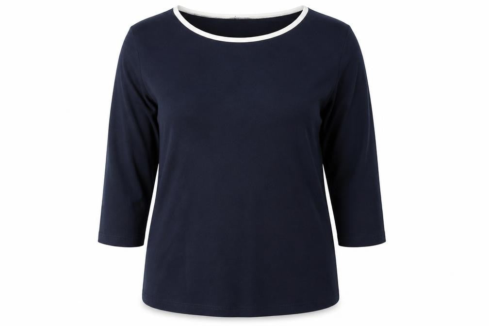 Front view of Via Appia women’s blue round neck viscose jumper, size UK 14
