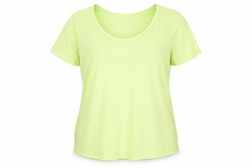 Front view of River Island women’s yellow cotton basic t-shirt, size UK 14, scoop neck