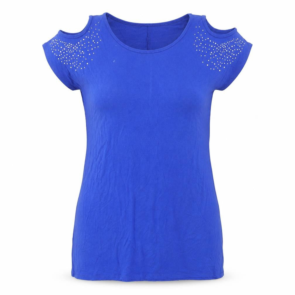 Front view of Grace women’s blue cotton basic t-shirt, size UK 8, round neck - open shoulder