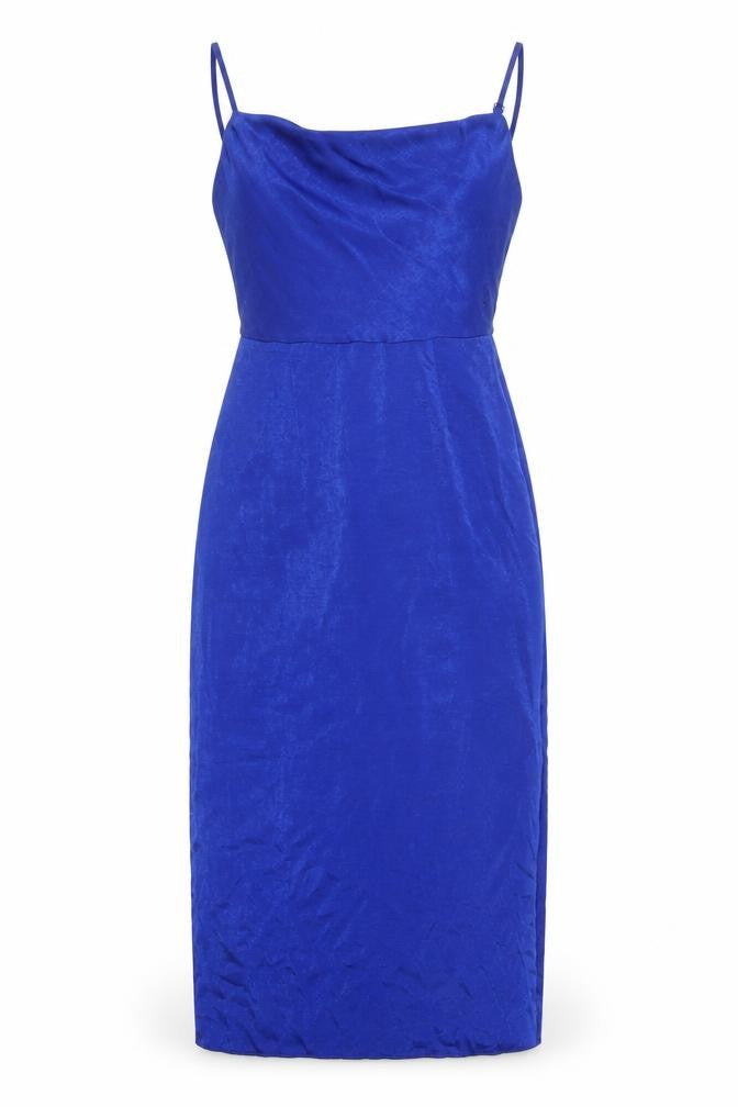 Front view of Primark women’s blue polyester slip dress, size UK 4, square neck