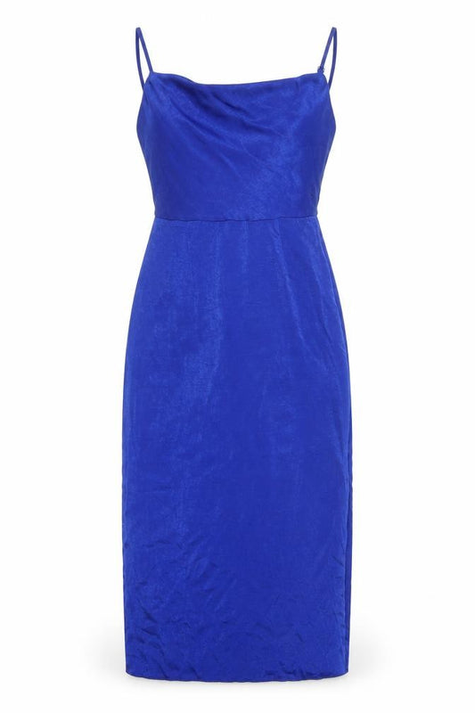 Front view of Primark women’s blue polyester slip dress, size UK 4, square neck