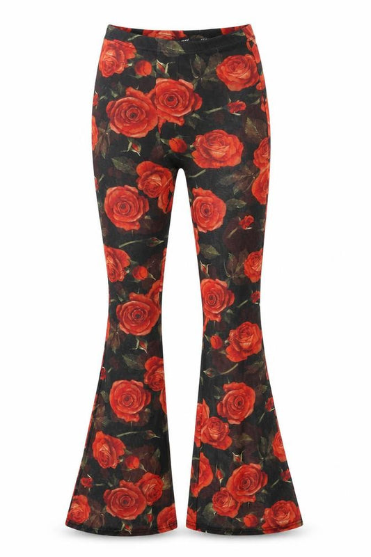 Front view of PRETTYLITTLETHING women’s black floral polyester trousers, size UK 4, 30-inch leg regular - red roses