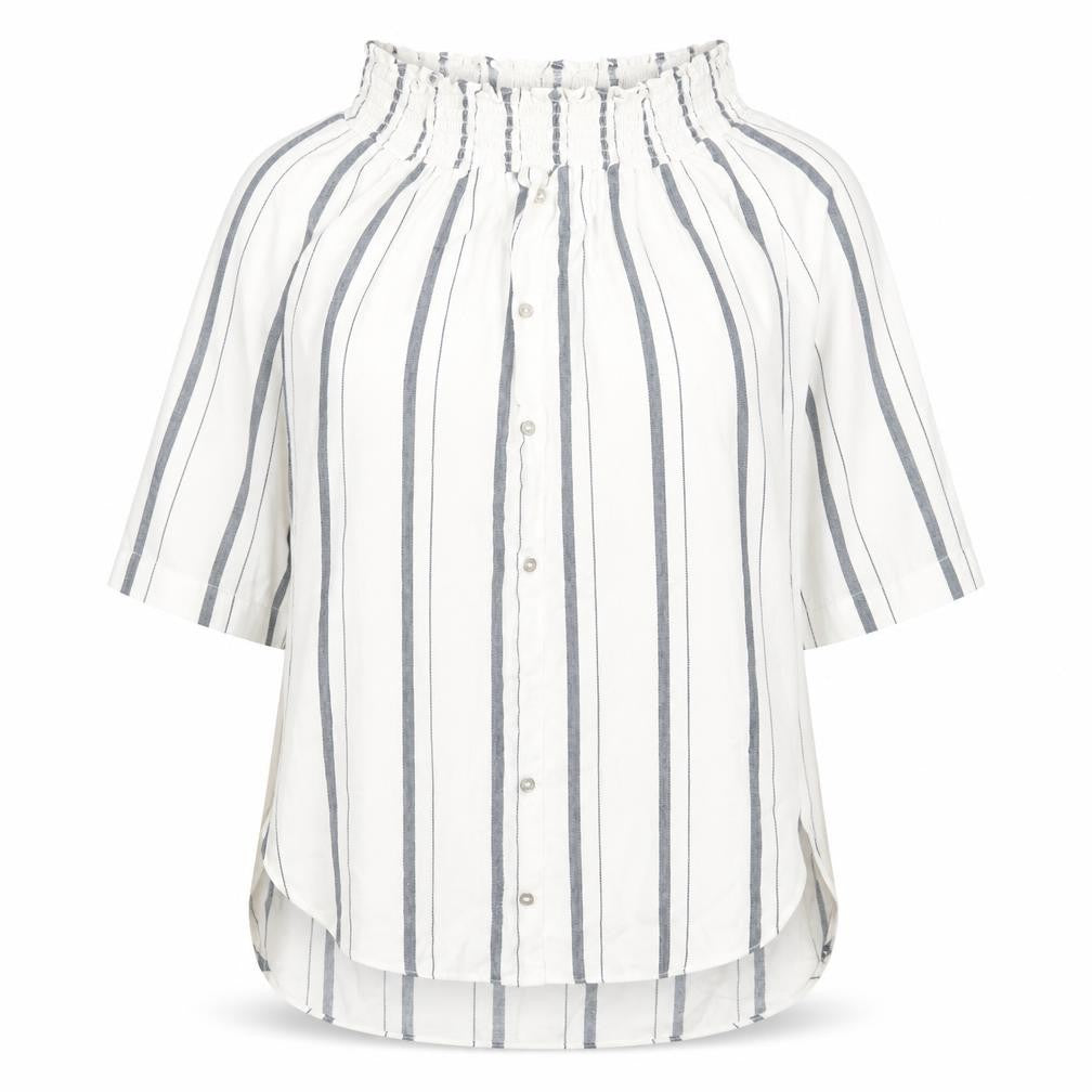 Front view of River Island women’s ivory striped viscose basic blouse, size UK 6, off the shoulder