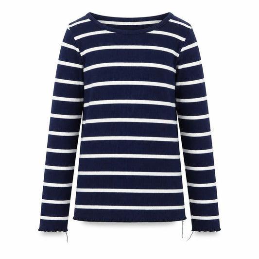 Front view of Tu girls’ blue striped cotton basic t-shirt, size 10, years round neck
