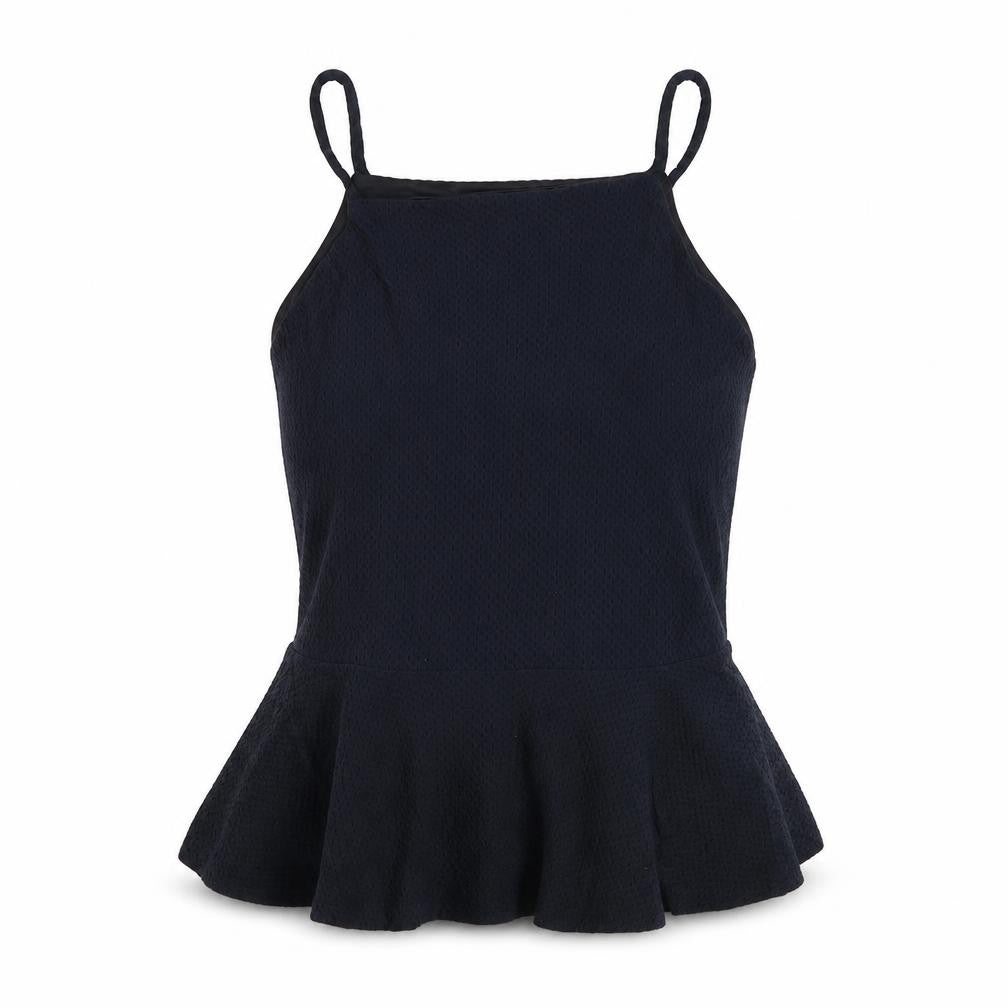 Front view of Topshop women’s black nylon basic tank, size UK 10, round neck