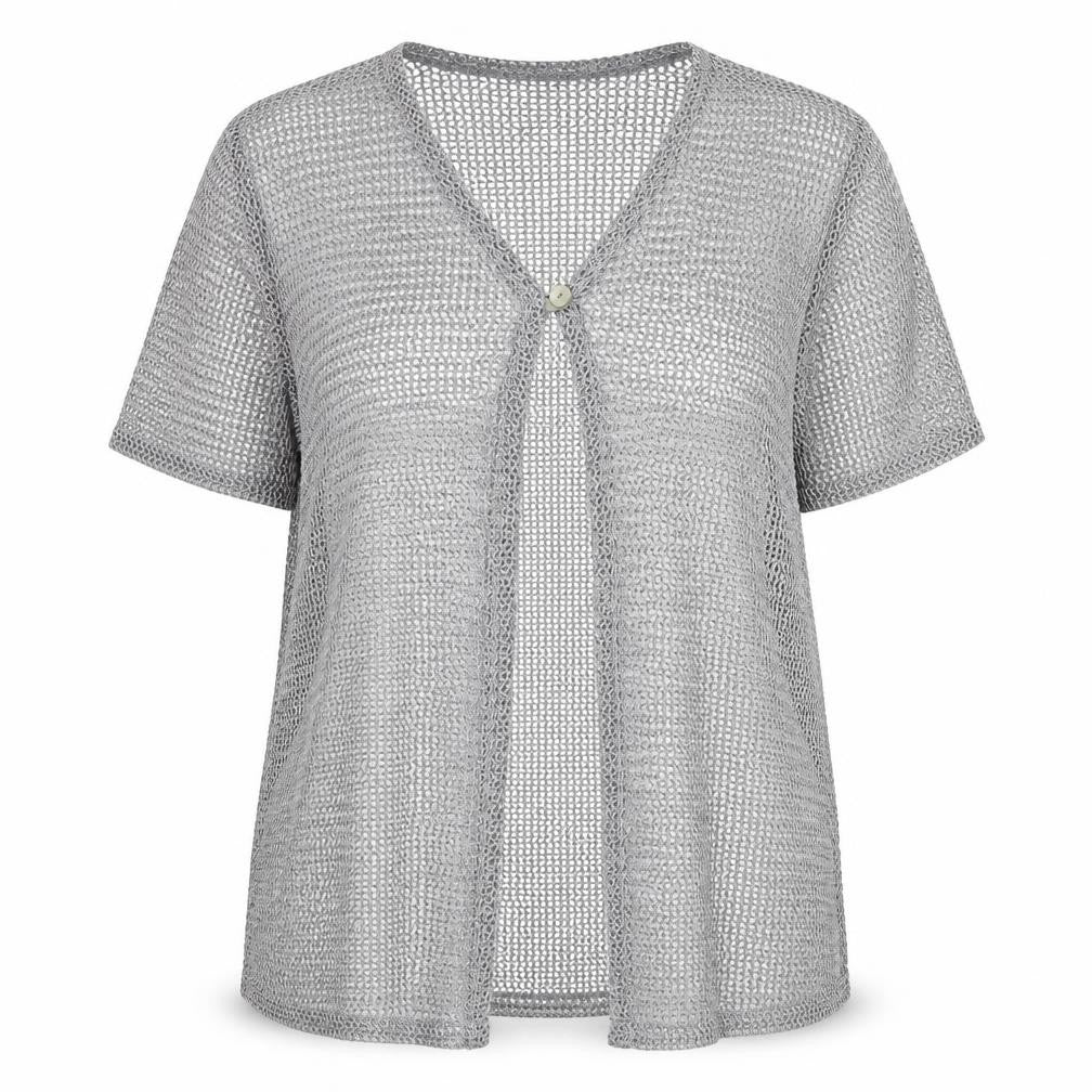 Front view of Faber women’s grey round neck polyester cardigan jumper, size L