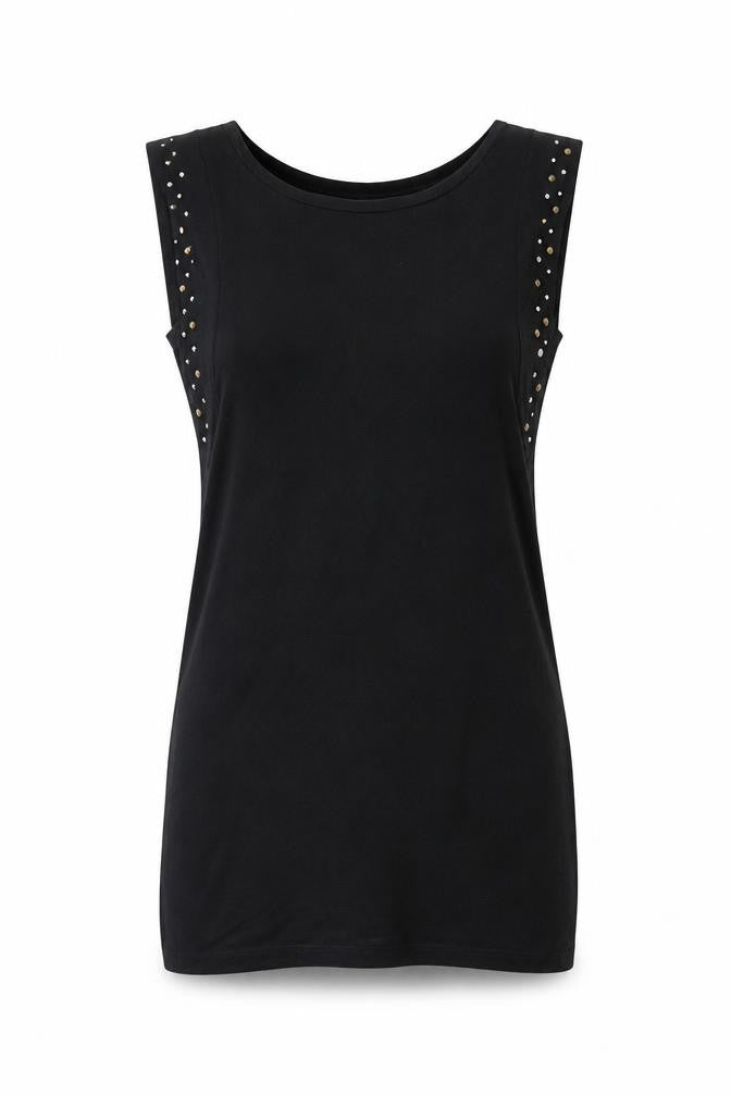 Front view of Warehouse women’s black viscose basic t-shirt, size UK 10, round neck