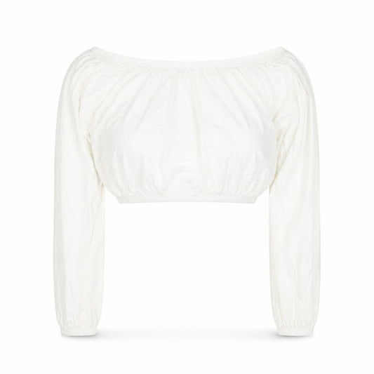 Front view of New Look women’s white modal cropped blouse, size UK 8, round neck
