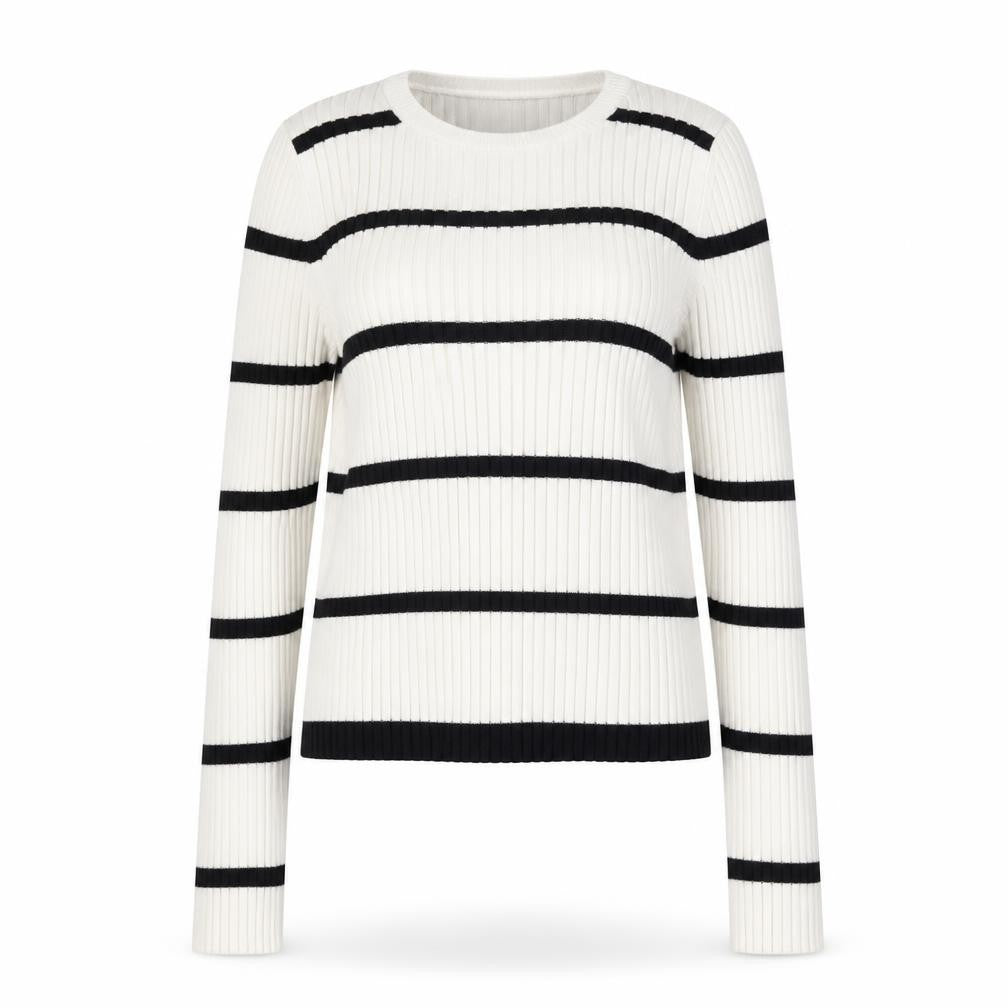 Front view of Preworn women’s white round neck striped polyester jumper, size S, - open bac