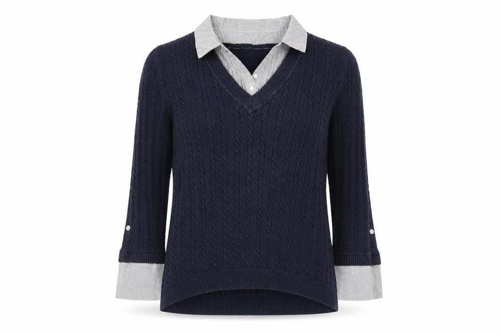 Front view of Debenhams women’s blue collared cotton jumper, size UK 10