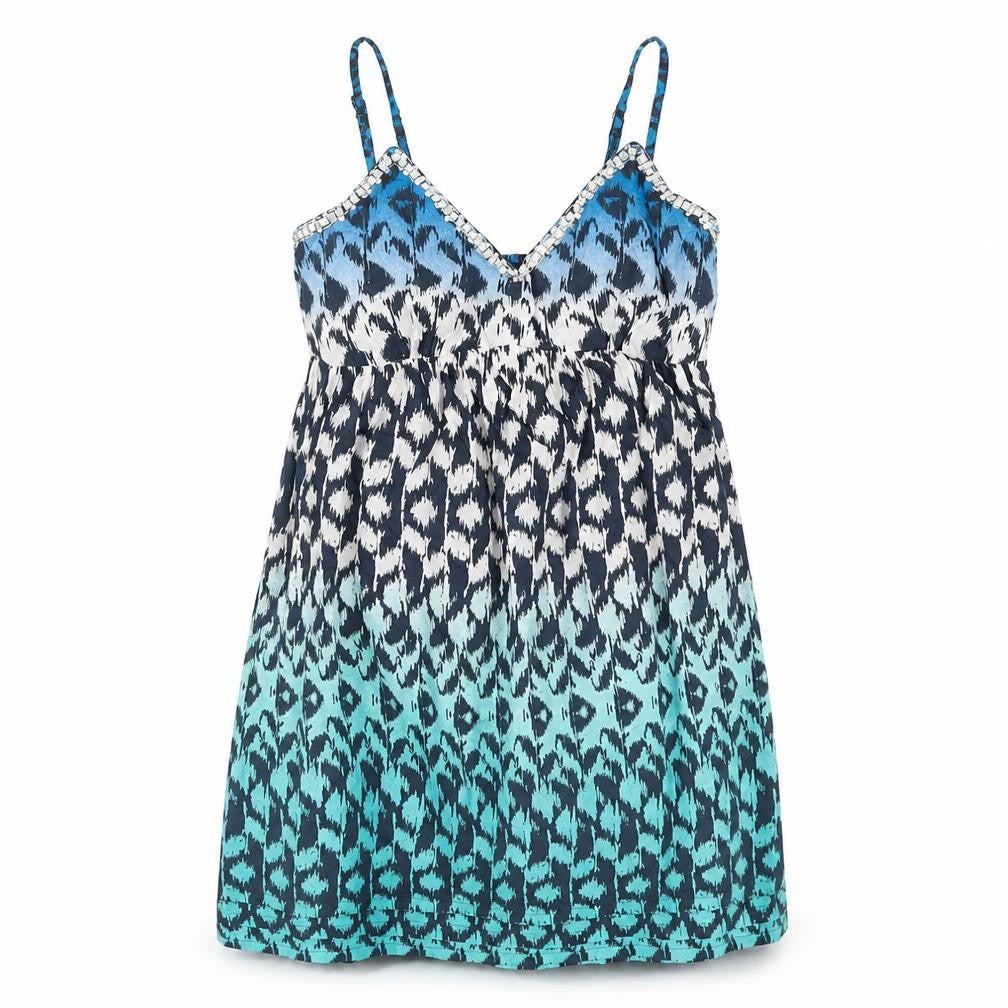 Front view of Peacocks women’s blue geometric cotton shift, size S, v-neck pullover