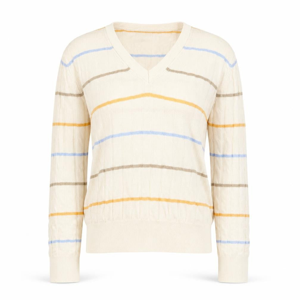 Marks and Spencer Womens Beige V-Neck Striped Viscose Pullover Jumper Size S