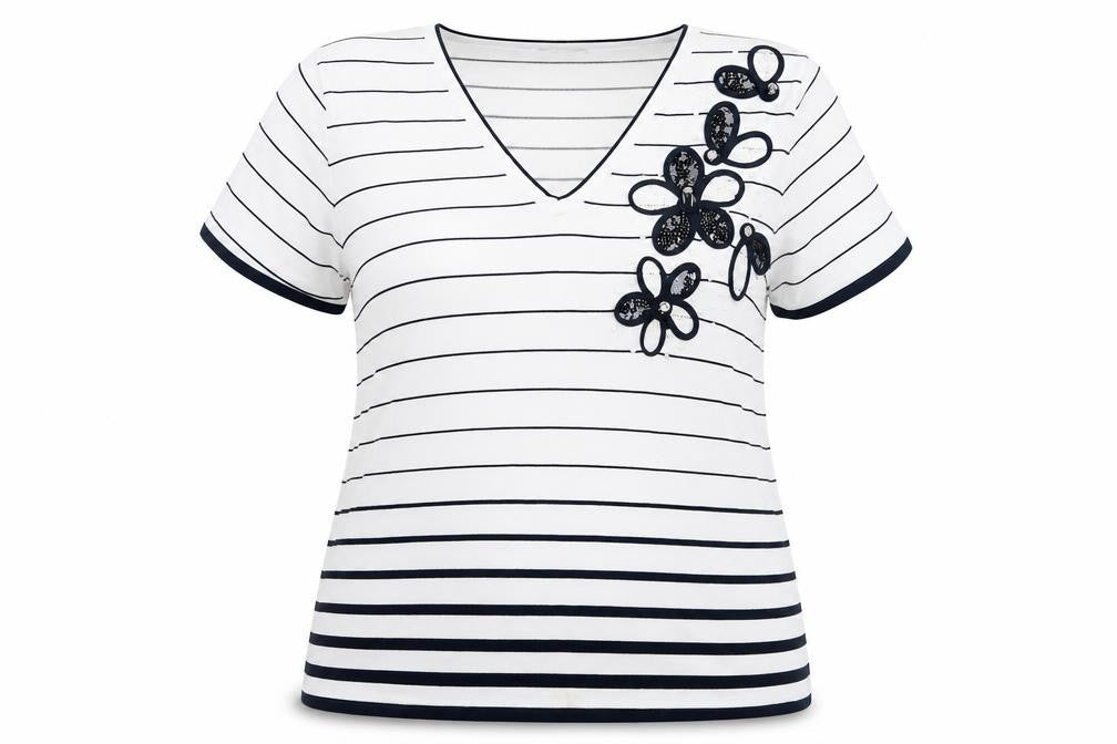 Front view of Al Paradise women’s white striped viscose basic blouse, size L, v-neck - flower