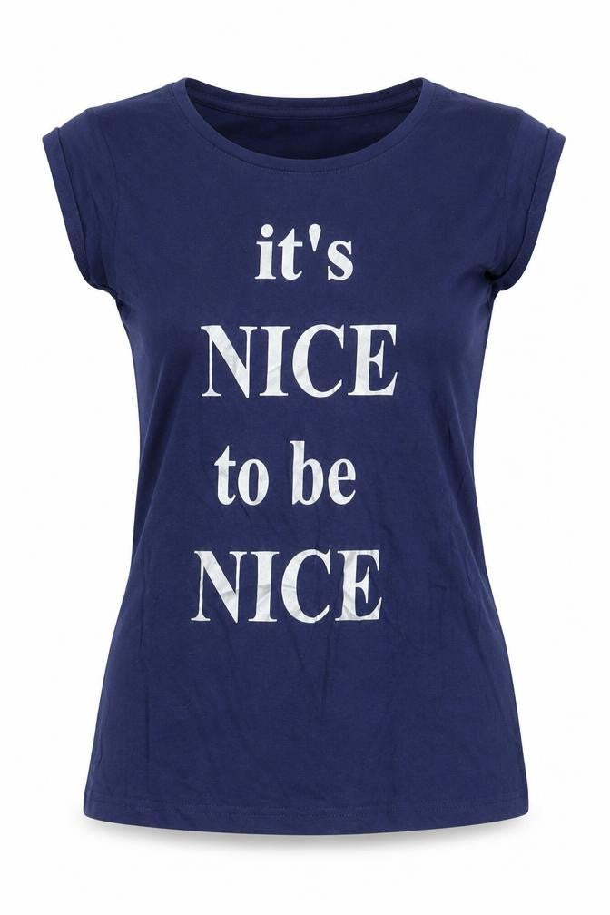 Front view of Qucodo women’s blue cotton basic t-shirt, size S, round neck - nice