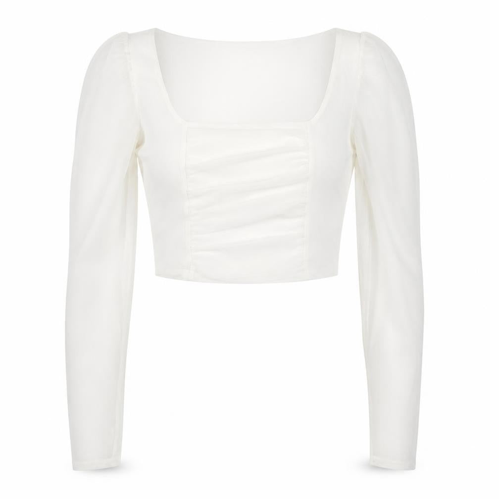 Front view of I SAW IT FIRST women’s white polyester cropped blouse, size UK 10, square neck