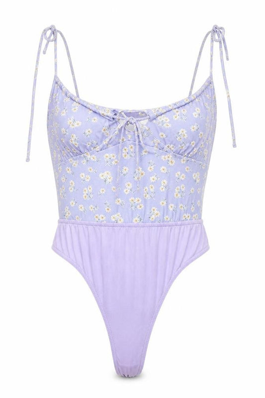 Front view of In the Style women’s purple floral polyester bodysuit one-piece, size UK 12