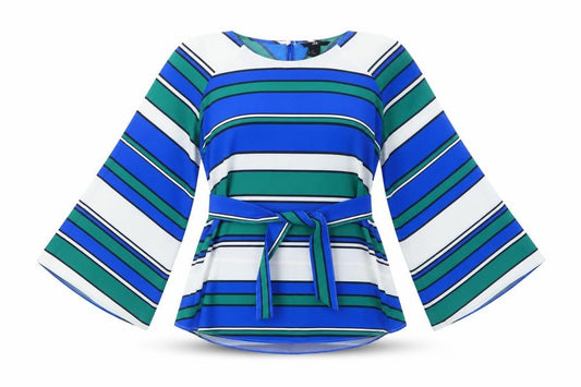 Front view of H&M women’s multicoloured striped polyester basic blouse, size UK 8, round neck