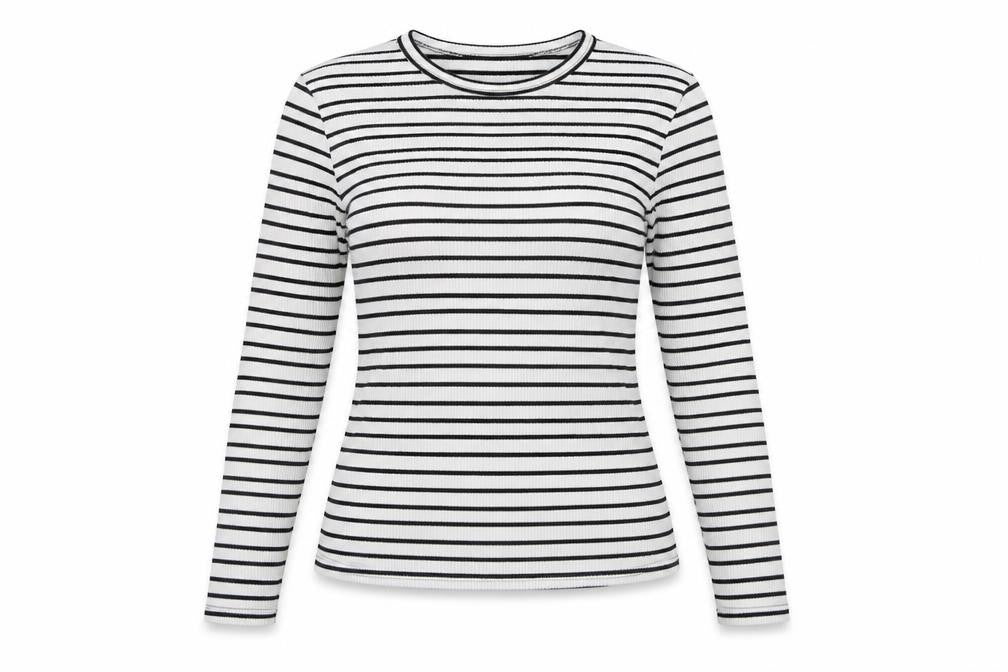 Front view of In the Style women’s white striped polyester basic t-shirt, size UK 6, crew neck