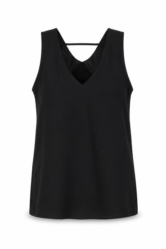 Front view of F&F women’s black polyester basic tank, size UK 6, v-neck