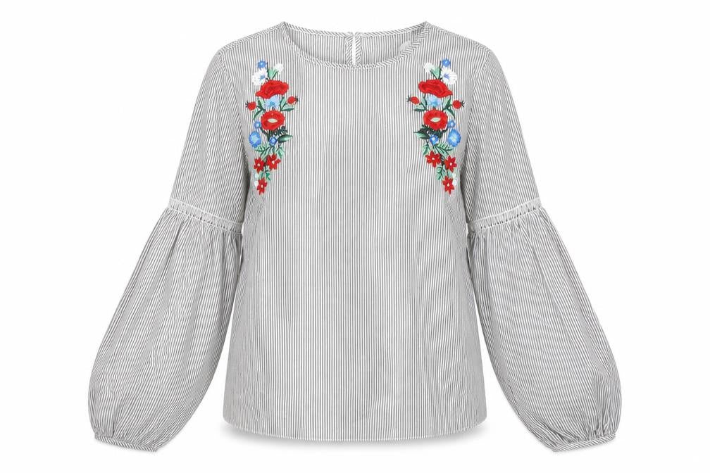 Front view of Primark women’s grey striped polyester tunic blouse, size UK 8, round neck