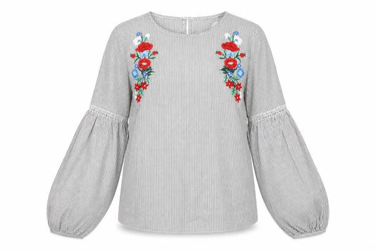 Front view of Primark women’s grey striped polyester tunic blouse, size UK 8, round neck