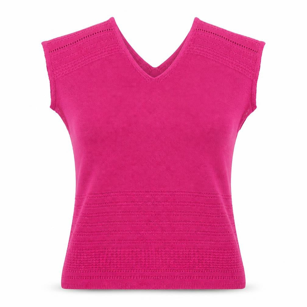 Front view of Per Una women’s pink acrylic basic t-shirt, size UK 12, v-neck