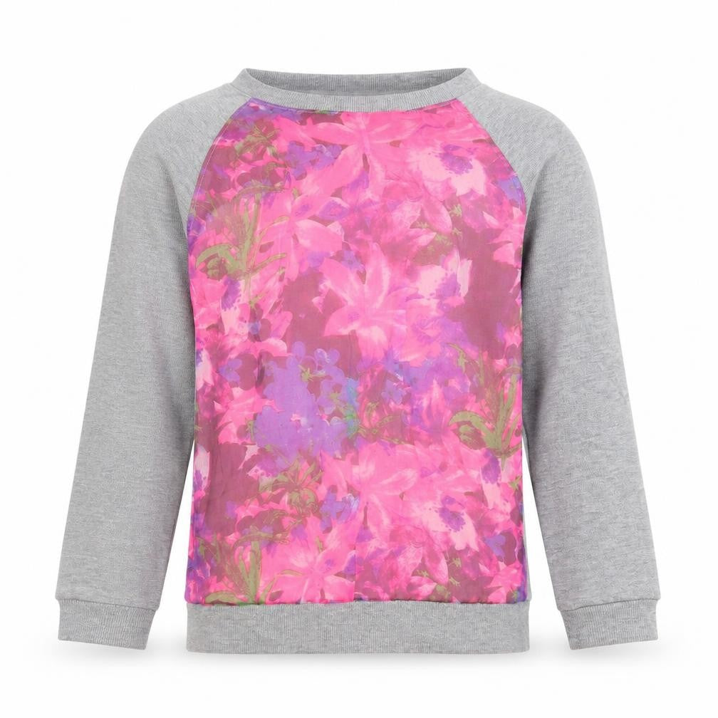 Front view of Young Dimension girls’ pink floral polyester pullover sweatshirt, size 12-13, years pullover