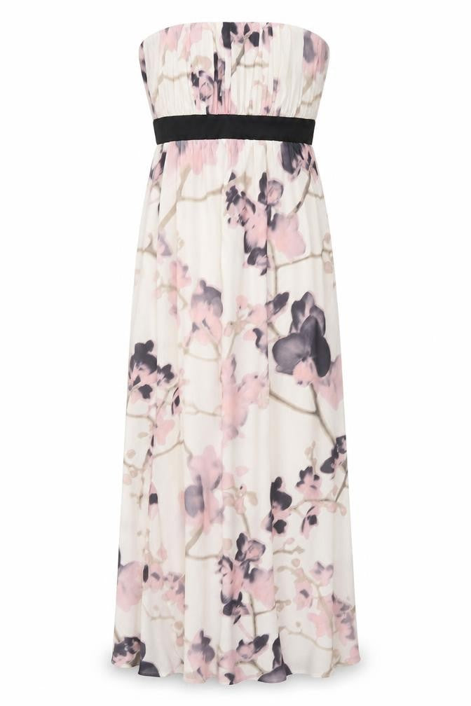 Front view of H&M women’s pink floral polyester a-line, size UK 8, off the shoulder zip