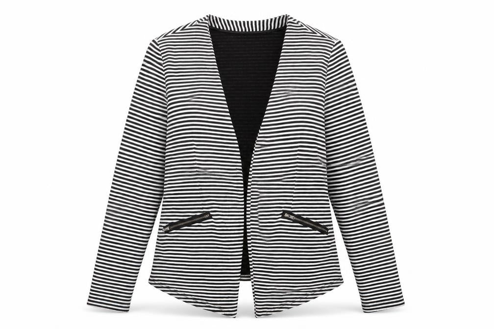 Front view of Papaya women’s white striped jacket, size UK 14