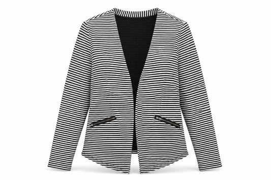 Front view of Papaya women’s white striped jacket, size UK 14