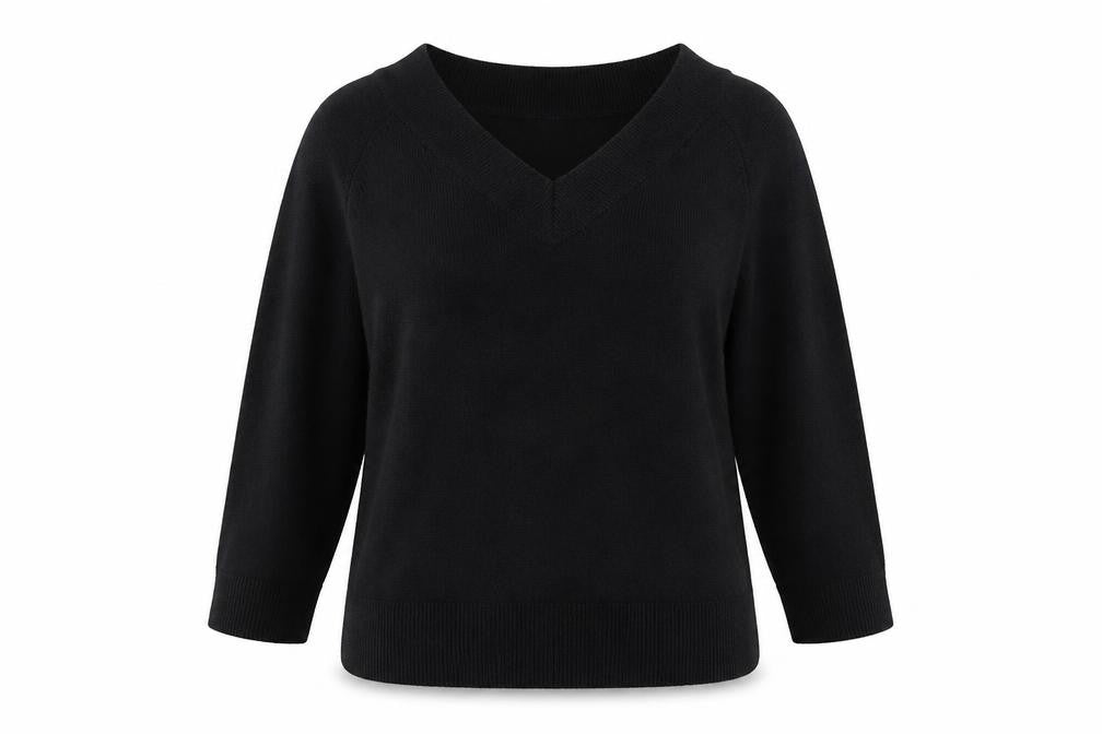 Front view of Xe women’s black v-neck acrylic jumper, size M