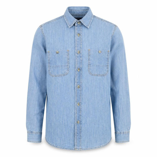 Front view of Topman men’s blue cotton button-up, size S, collared button