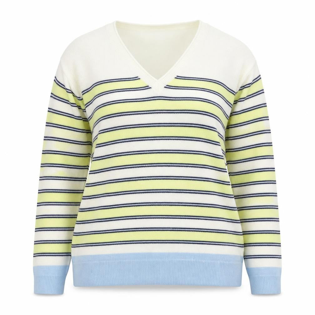 Marks and Spencer Womens Yellow V-Neck Striped Acrylic Pullover Jumper Size 14