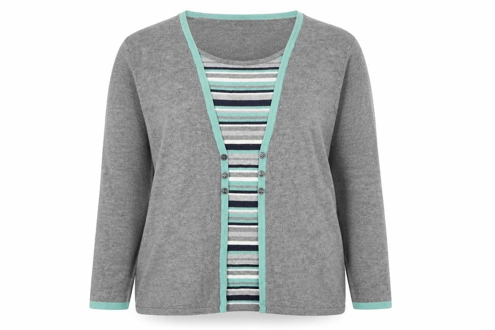 Bonmarche Womens Grey Round Neck Striped Viscose Pullover Jumper Size 16