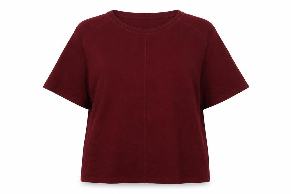 Front view of Marks & Spencer women’s red boat neck viscose jumper, size L