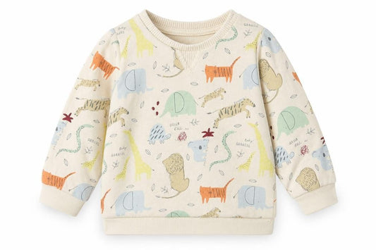 Front view of Tu Baby Beige Geometric Cotton jumper, size 6-9, Months Button - Cute Animals Print