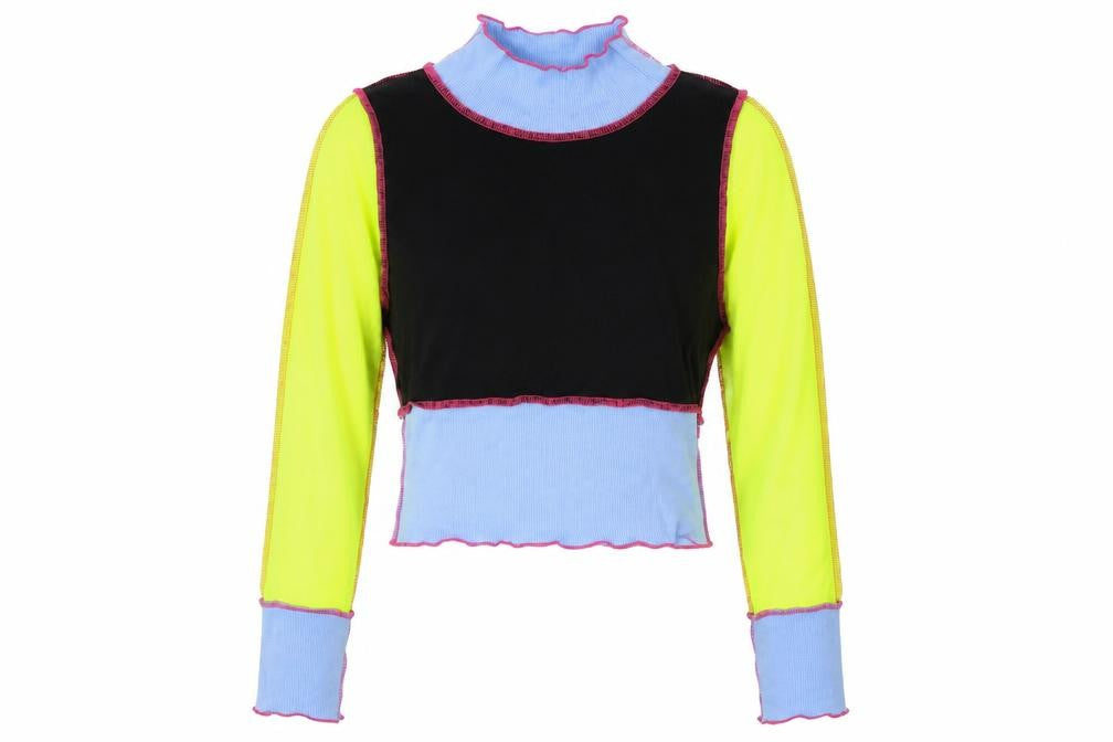Front view of SHEIN women’s multicoloured colourblock polyester cropped blouse, size S, high neck