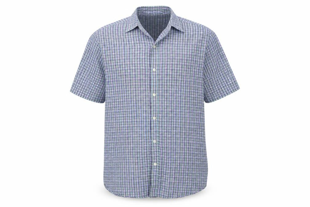 Front view of Atlantic Bay men’s blue plaid polyester button-up, size M, collared button